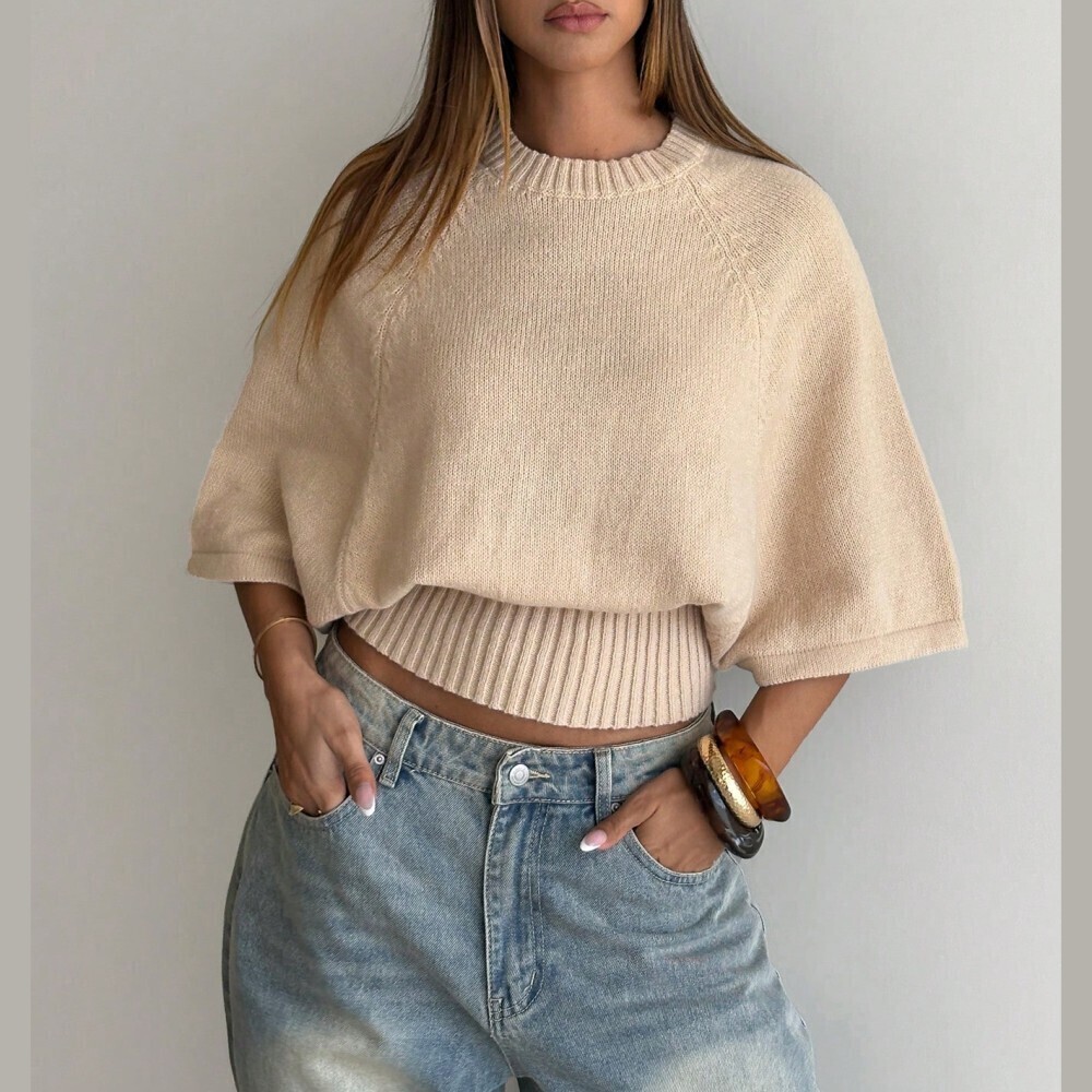 Cream Knit Ribbed Hem Batwing Sleeve Cropped Sweater